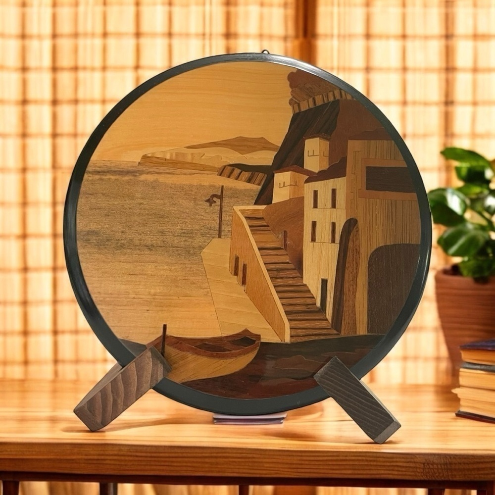 Notturno Intarsio Inlaid Wood
Art Seaside Town Sorrento
Italy Plaque 7.5” Round